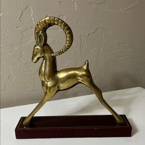 Vintage Sculpture of Brass Ibex, Antelope on Polished Wood Stand Edged in Brass